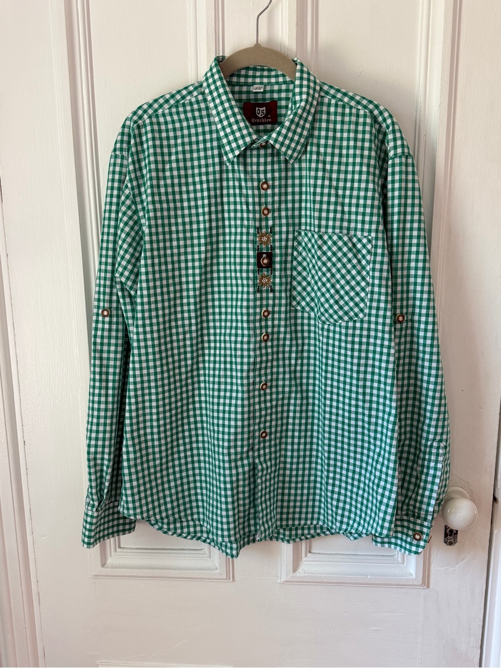 Trachten Green /White Gingham Pattern Bavarian Button Up Shirt Size Large